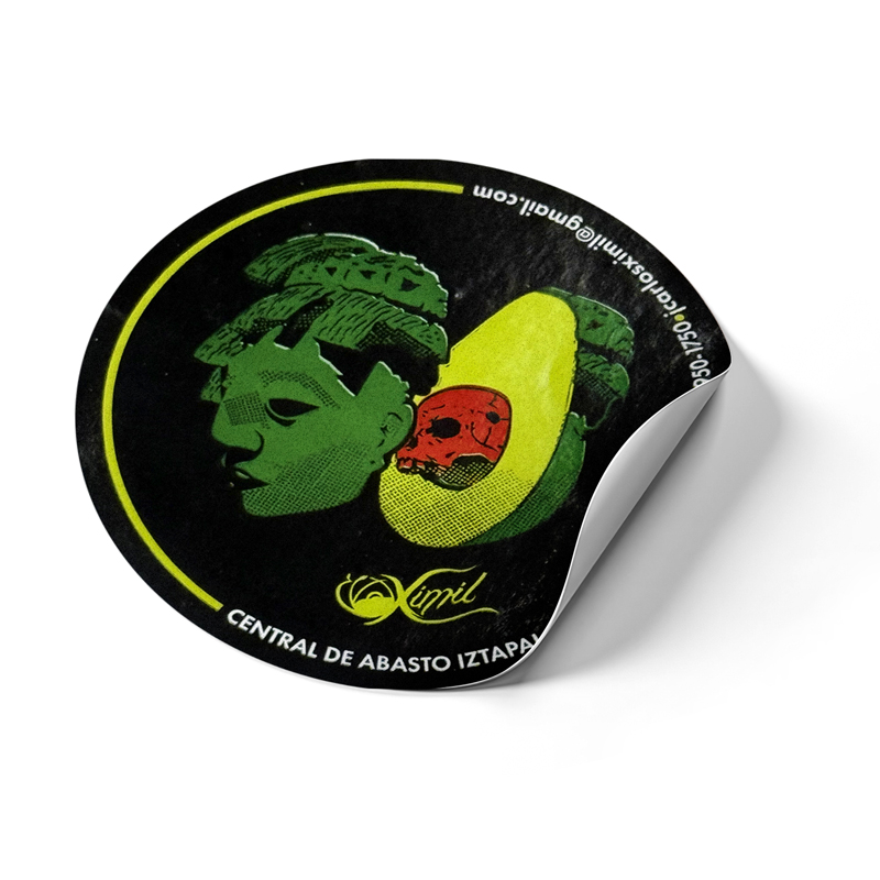Etiqueta circular personalizada para alimentos, impresa por Etimex Digital en México.