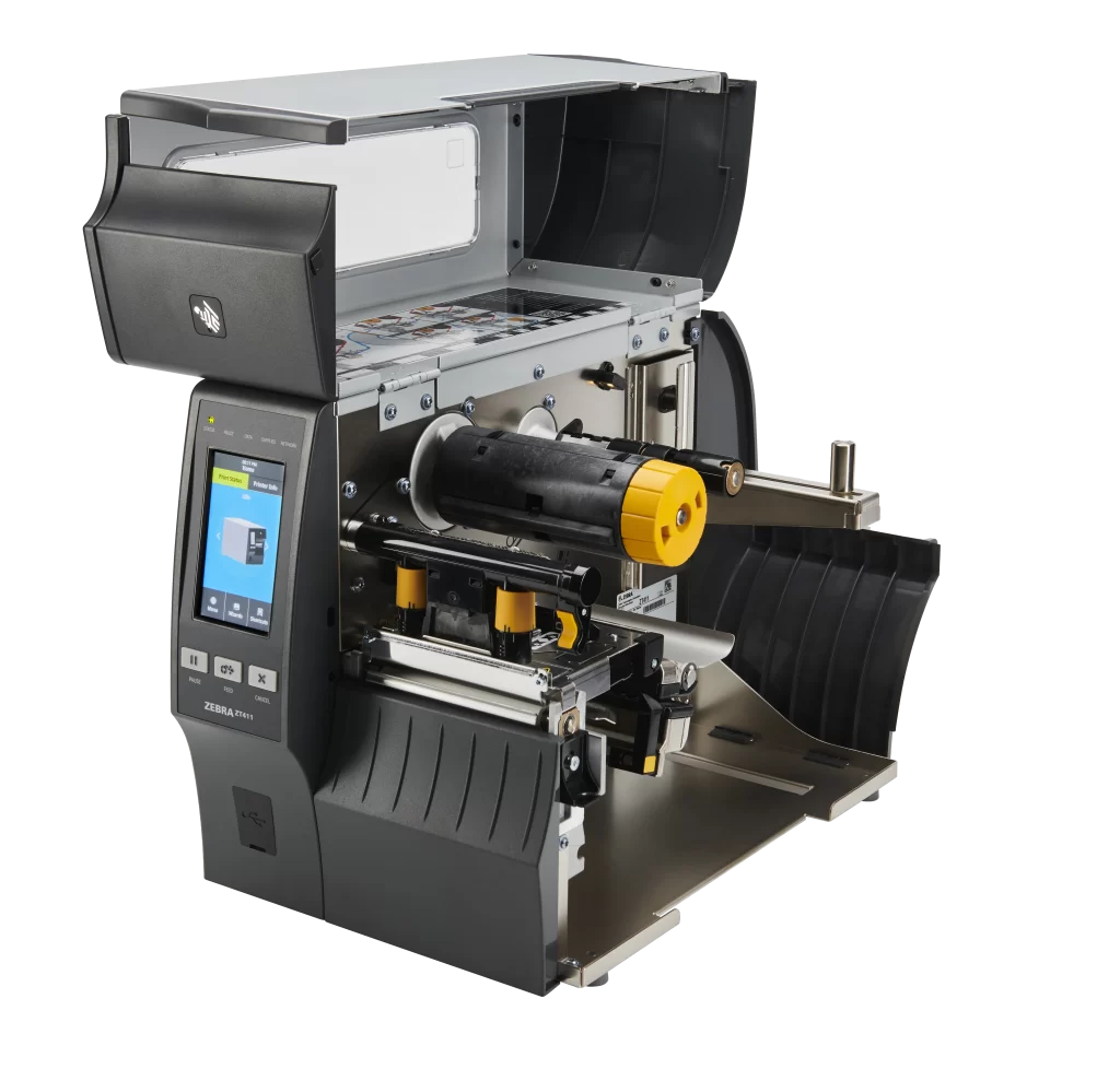 Impresora industrial Zebra ZT610 abierta mostrando el mecanismo de carga de etiquetas, distribuida por Etimex Digital.