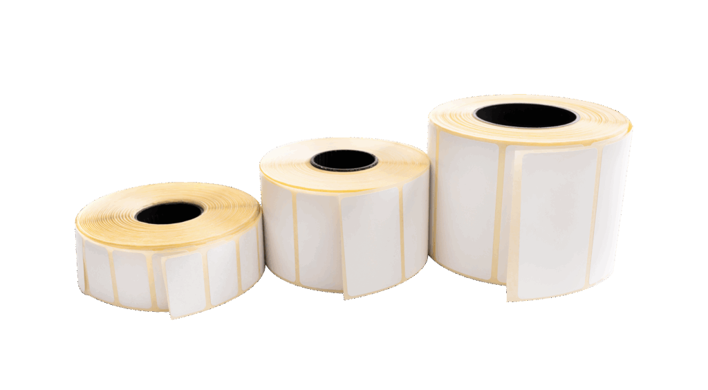 Etiquetas Blancas, Etimex Digital, Etiqueta de color blanco, Tres rollos acostados acomodados del mas delgado al mas ancho.