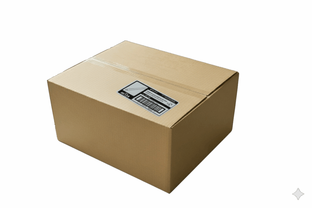 Etiquetas Adhesivo, Etimex Digital, Etiqueta de color negro, Etiqueta informativa adherida a una caja con su diseño. Fabricante de etiquetas autoadheribles para cajas de cartón en logística
