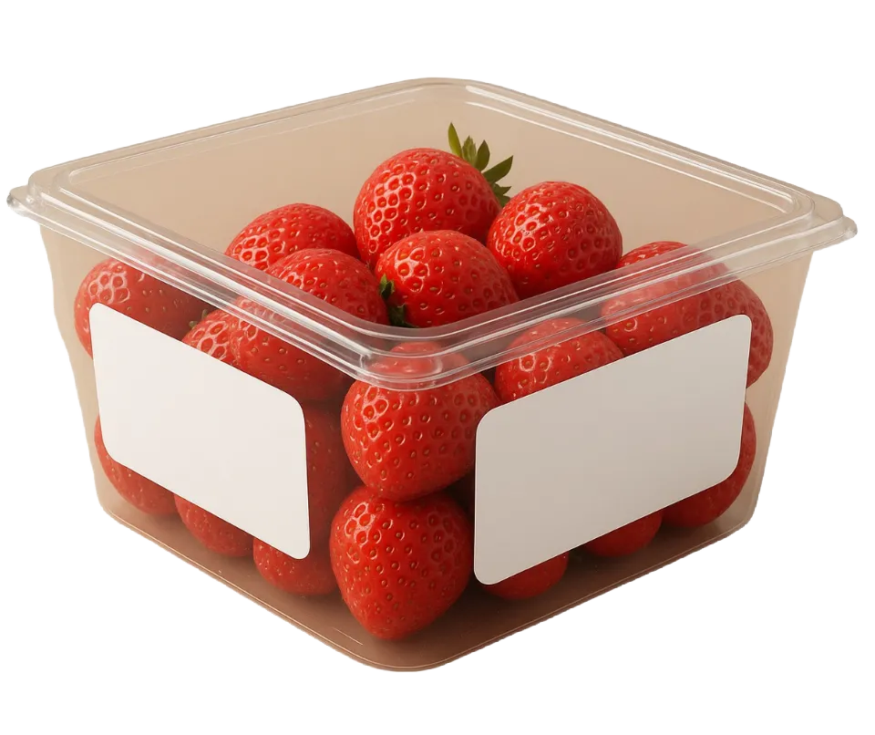 Etiquetas Bopp Blanco, Etimex Digital, Etiqueta de color blanca, Etiqueta en caja transparente que contiene fresas
