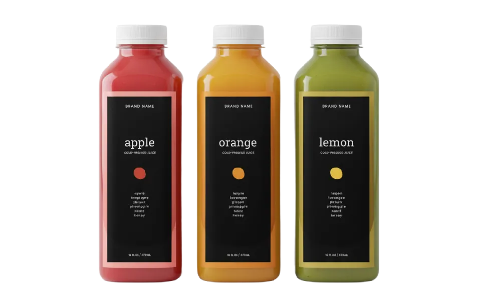 Etiquetas de color, Etimex Digital, Etiqueta de color negro con colores, Tres botellas de sabores apple, orange y lemon de la marca Brand Name.