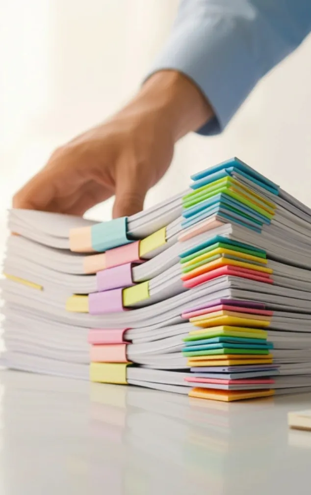Etiquetas de color, Etimex Digital, Etiqueta de color negro con colores, Etiquetas para organización documental, documentos apilados y clasificados por color de etiqueta.
