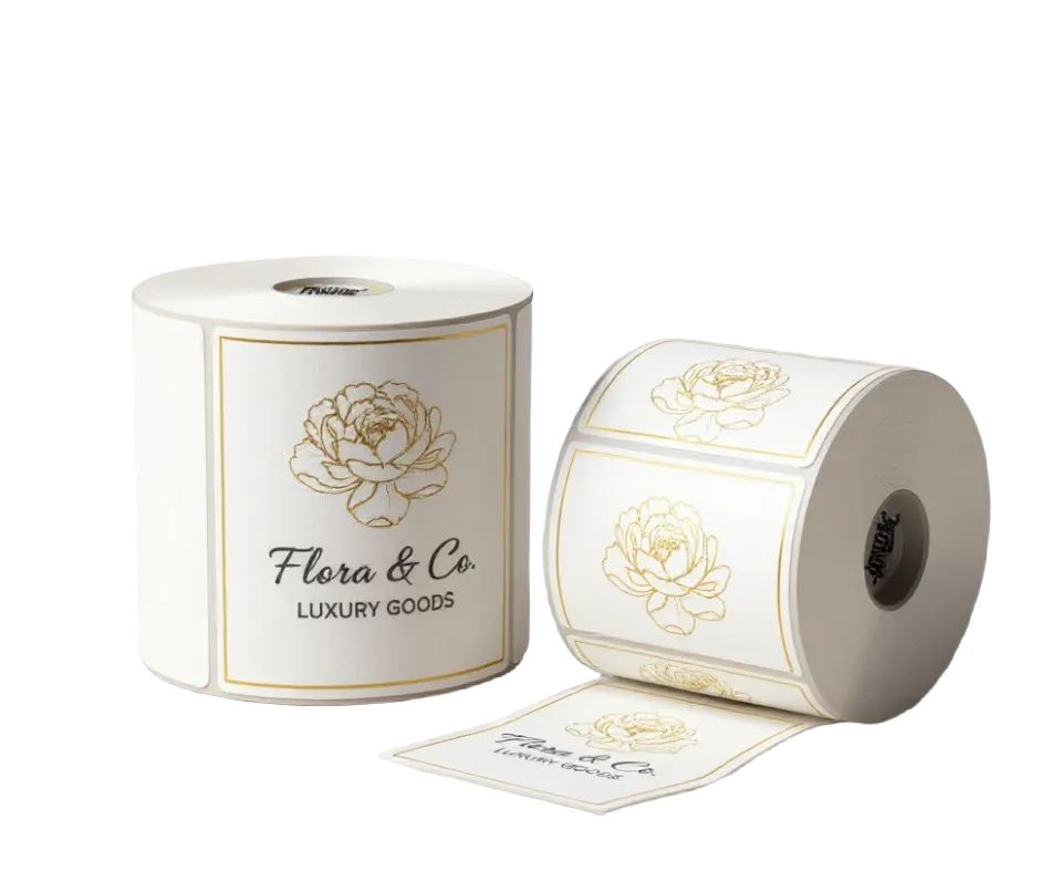 Etiquetas de Cera, Etimex Digital, Etiqueta de color, rollo de etiquetas de color blanco de la marca Flora y Co. con etiquetas de marco dorado.
