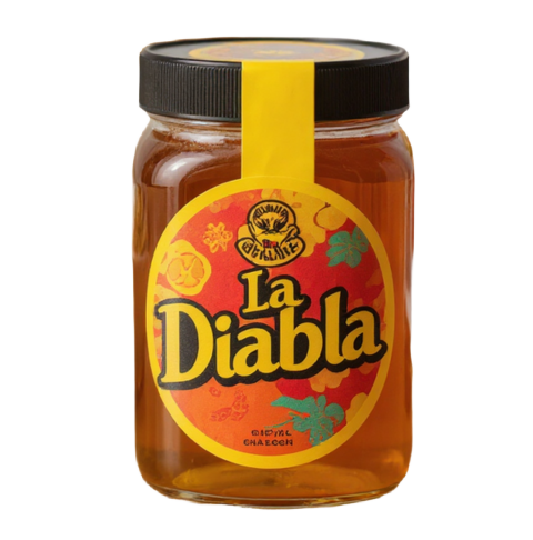 Mockup de un frasco de cristal la diabla con una etiqueta, Fabricante: Etimex Digital en Mexico.