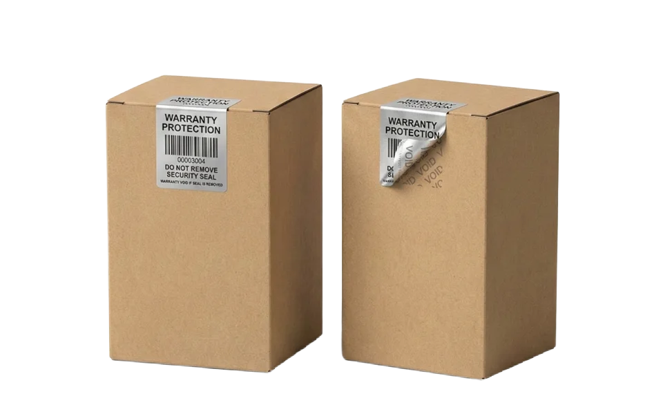 Dos cajas con sellos de garantía VOID: uno intacto y el otro manipulado, Fabricante: Etimex Digital en Mexico.