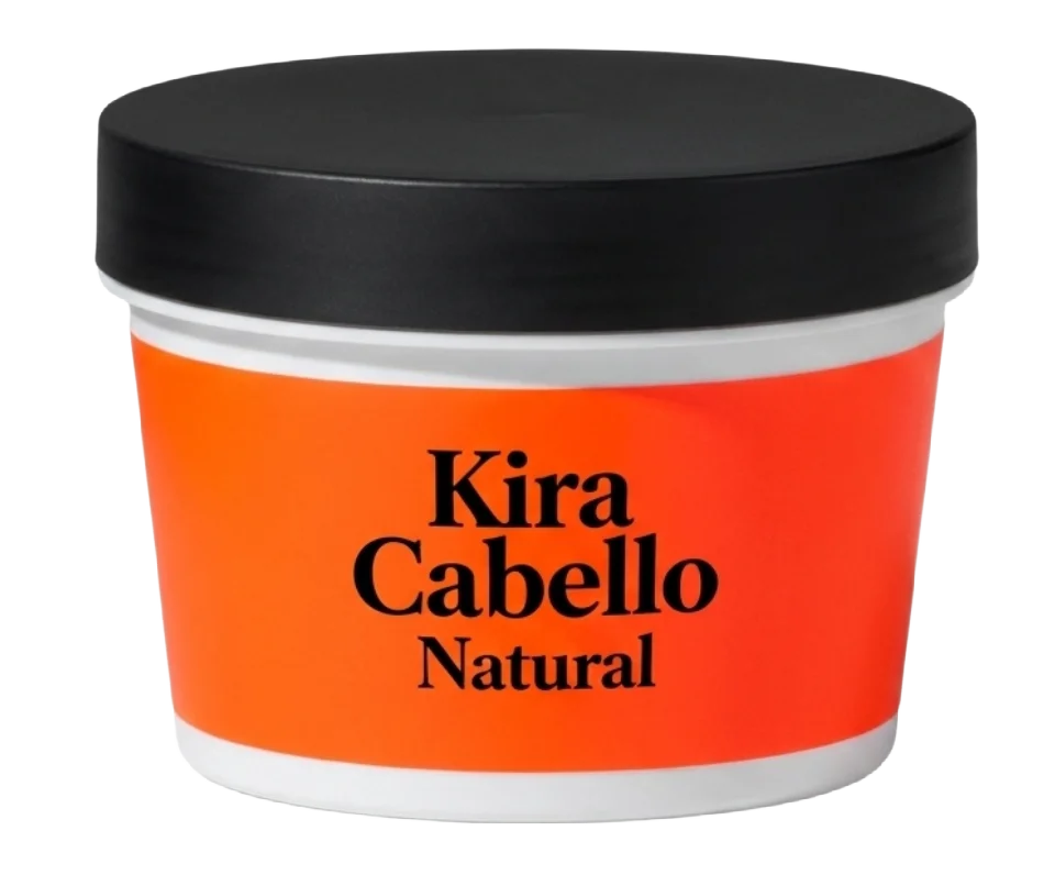 Envase de mascarilla capilar Kira Cabello Natural con etiqueta naranja y tapa negra, Fabricante: Etimex Digital en Mexico.
