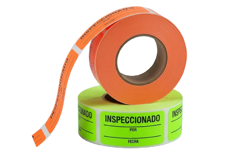 Rollos de etiquetas de inspección naranjas y verdes fluorescentes, Fabricante: Etimex Digital en Mexico.