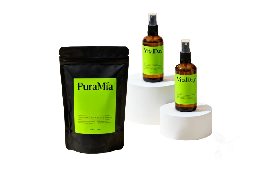 Etiquetas personalizadas verde fosforescente para productos VitalDay y PuraMía, Fabricante: Etimex Digital en Mexico.