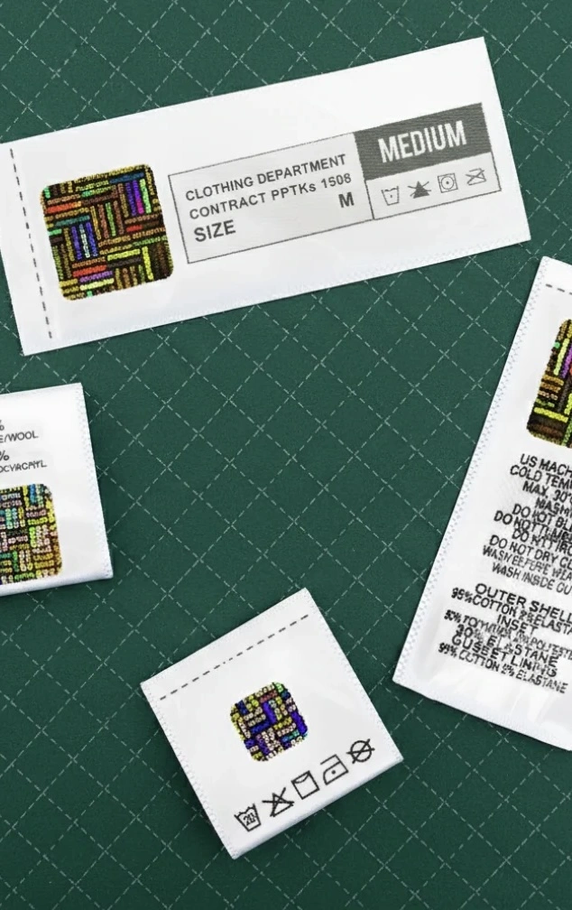 Etiqueta textil personalizados con distintos patrones en diversos tamaños y estilos visuales, Fabricante: Etimex Digital en Mexico.