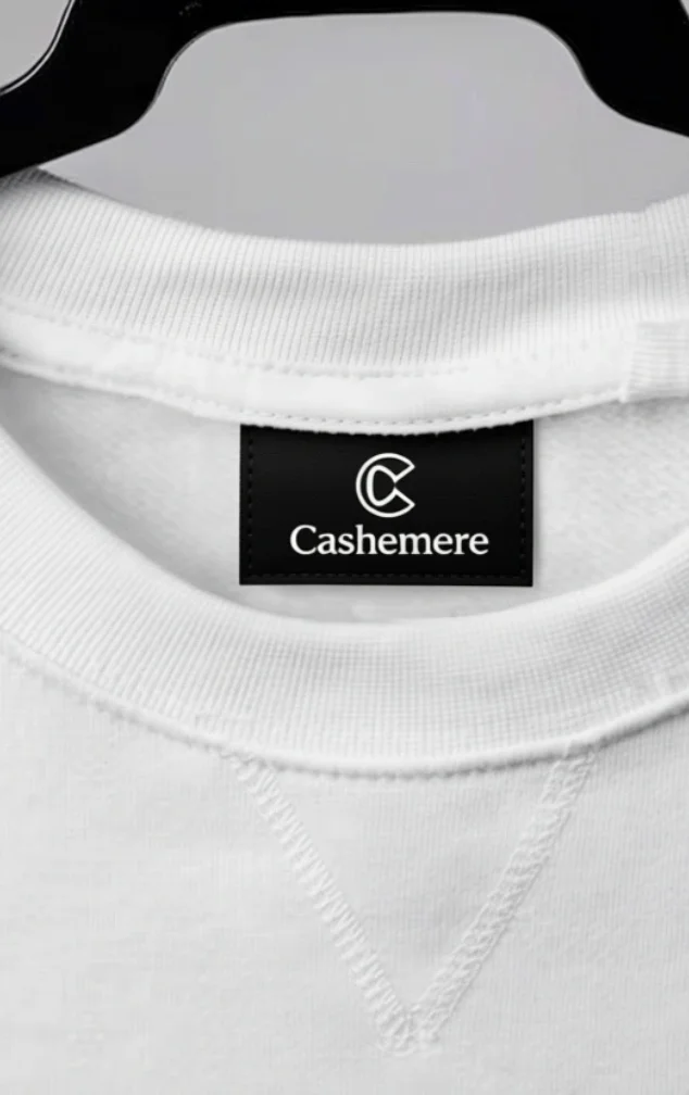 Etiqueta textil con la marca Cashemere en una sudadera de color blanco, Fabricante: Etimex Digital en Mexico.